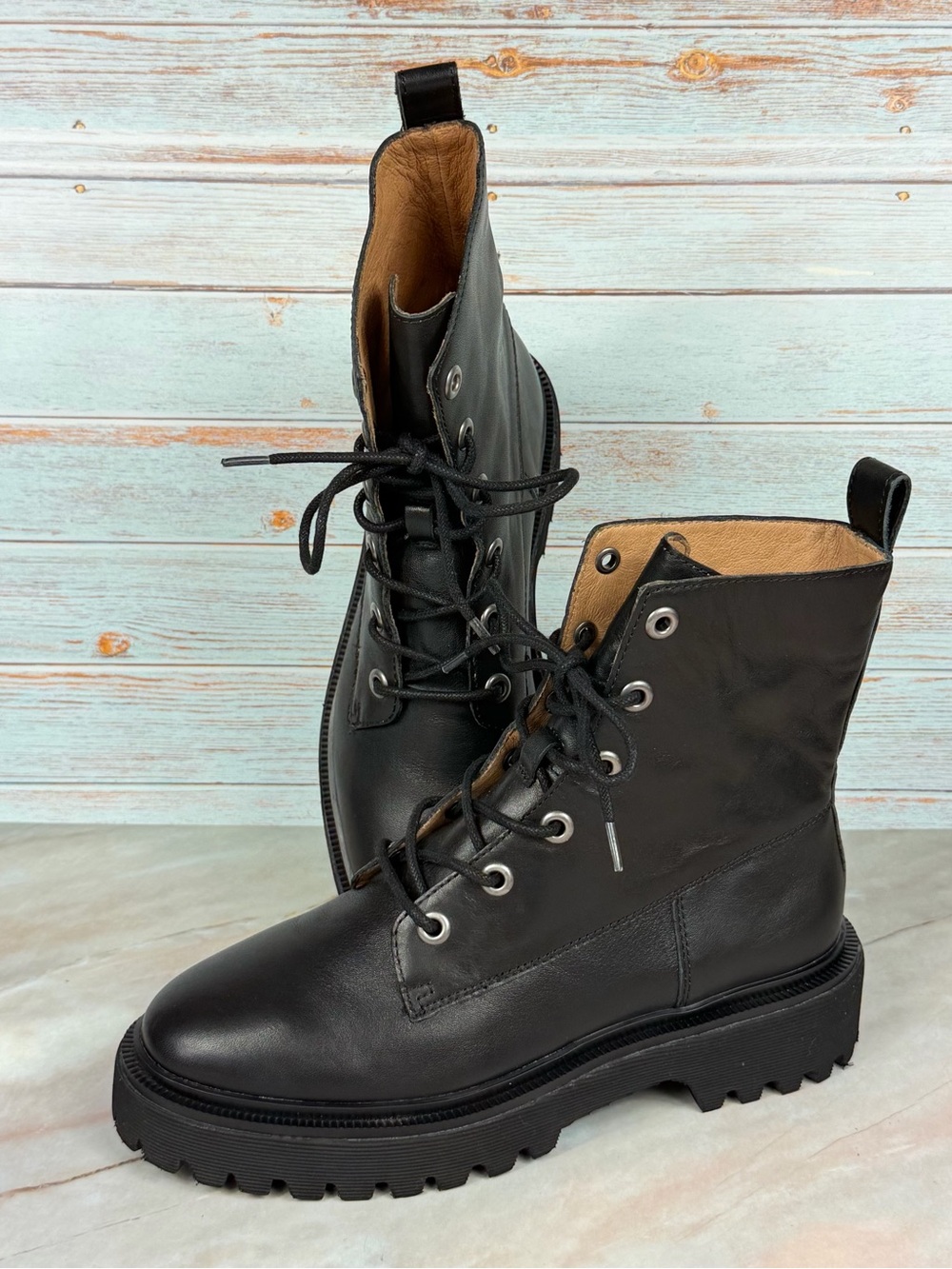 Madewell Rayna Lug Sole Lace-up Combat Boots in True Black Leather